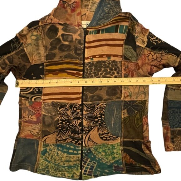 Boho Hoodie Patchwork Hooded Cardigan Cotton Zip Sweater Exposed Seam Earthtones - Picture 13 of 16